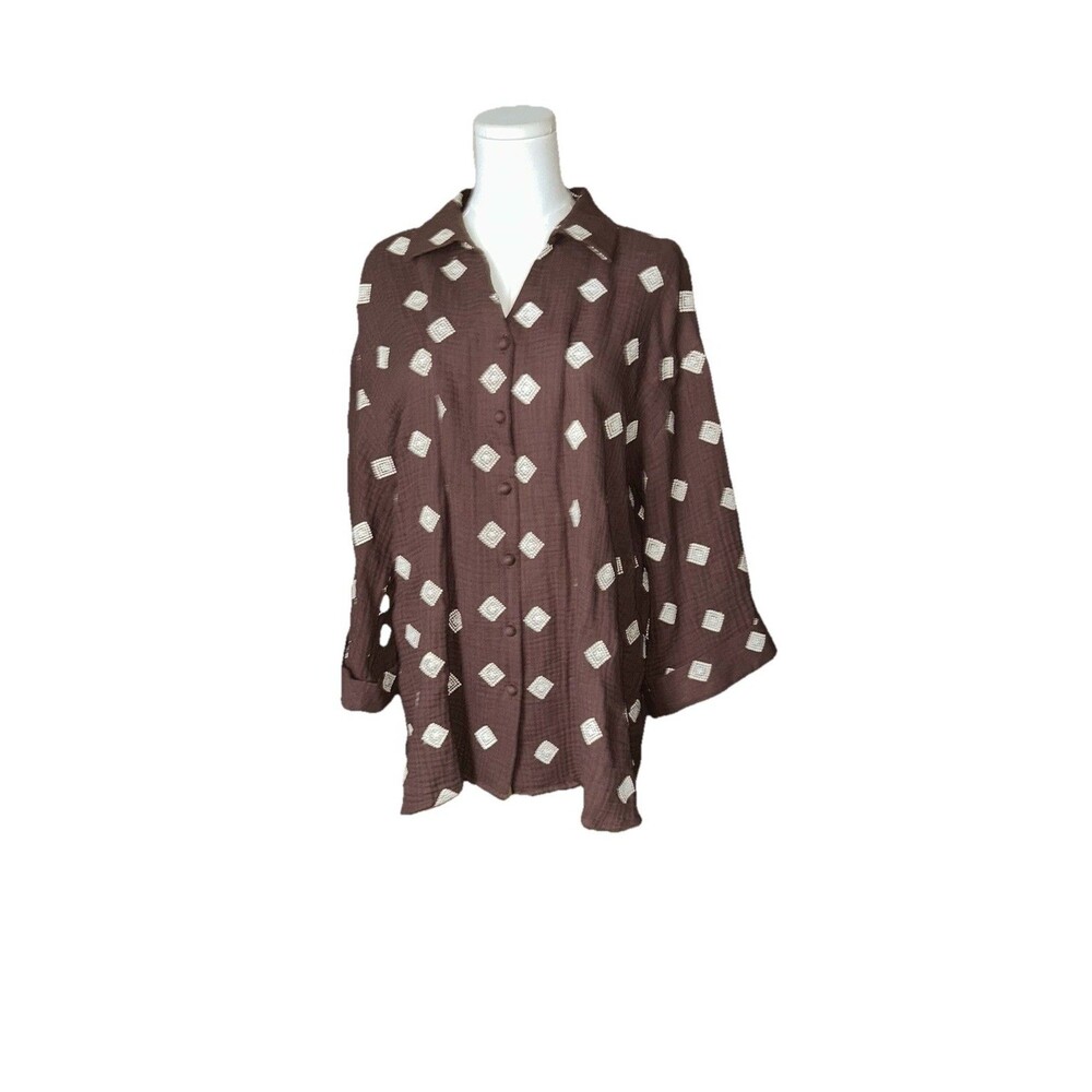 Cynthia Rowley Cotton Gauze Embroidered Button Up Blouse Brown Plus Size 1X - Picture 2 of 12